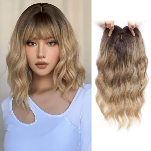 Hair Topper 6.8x6.8 Base 14 in Dark Blonde with Brown Root Wavy Synthetic Wiglet