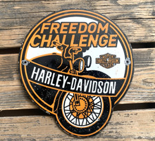 VINTAGE HARLEY-DAVIDSON MOTORCYCLES FREEDOM CHALLENGE PORCELAIN GASOLINE SIGN
