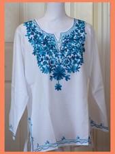 Teal Embroidered Flowers White Color Cotton Tunic Top Kurti from India Medium