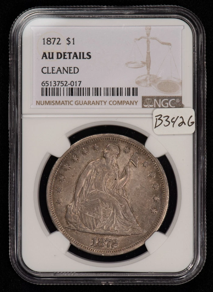 1872 $1 Seated Liberty Silver Dollar -Excellent Eye Appeal- NGC AU Dets - B3426 - Image 3 of 4