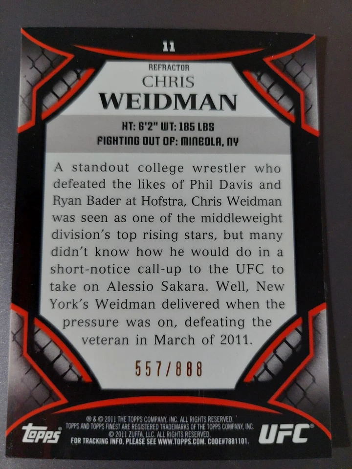 Chris Weidman #11 Debut 2011 Topps UFC Finest Refractor #557/888 - Image 2 of 2