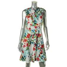 American Living 5265 Women White Floral Print Pleated Wear to Work Dress Size