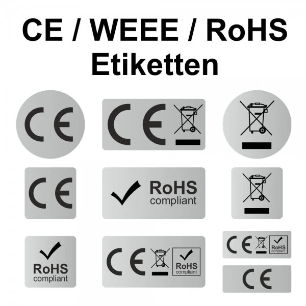 CE / WEEE / RoHS Aufkleber/Etiketten - silber - verschiedene Sorten