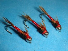 FLY FISHING FLIES - Red Tungsten BH LIGHTNING BUG Nymph size #14 (6 pcs.)