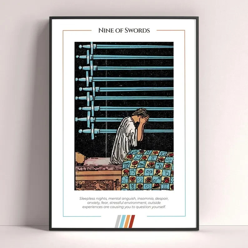 Nine of Swords Tarot Card Poster, Tarot Art Print, Tarot Card Printable Poster