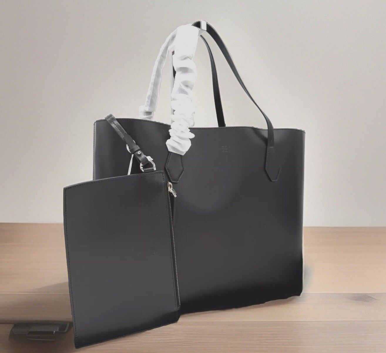 AUTH NWT Givenchy Wing Logo Black Calf Leather Large Tote Shopper W/Zip Pouch