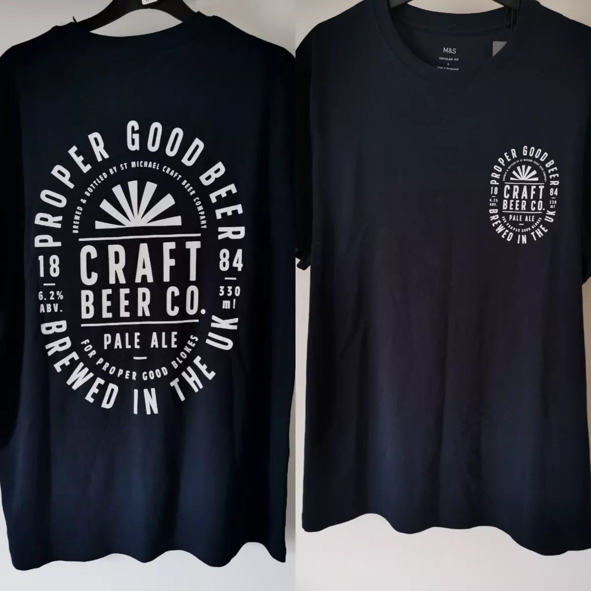 M S Mens Pure Cotton Brewery Graphic T Shirt Navy Large Short Sleeve