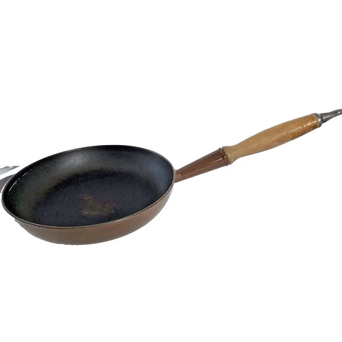 Vtg Le Creuset Cousances Cast Iron Brown Frying Pan Wooden Long Handle France