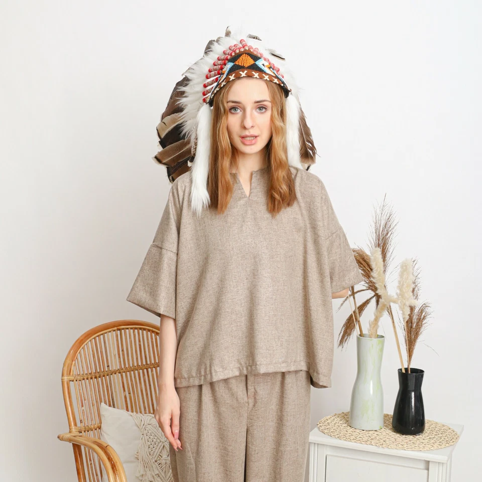 Headband Feather Indian Turkey Brown Native Warbonnet Headdress Handmade 37"long - Image 4 of 4