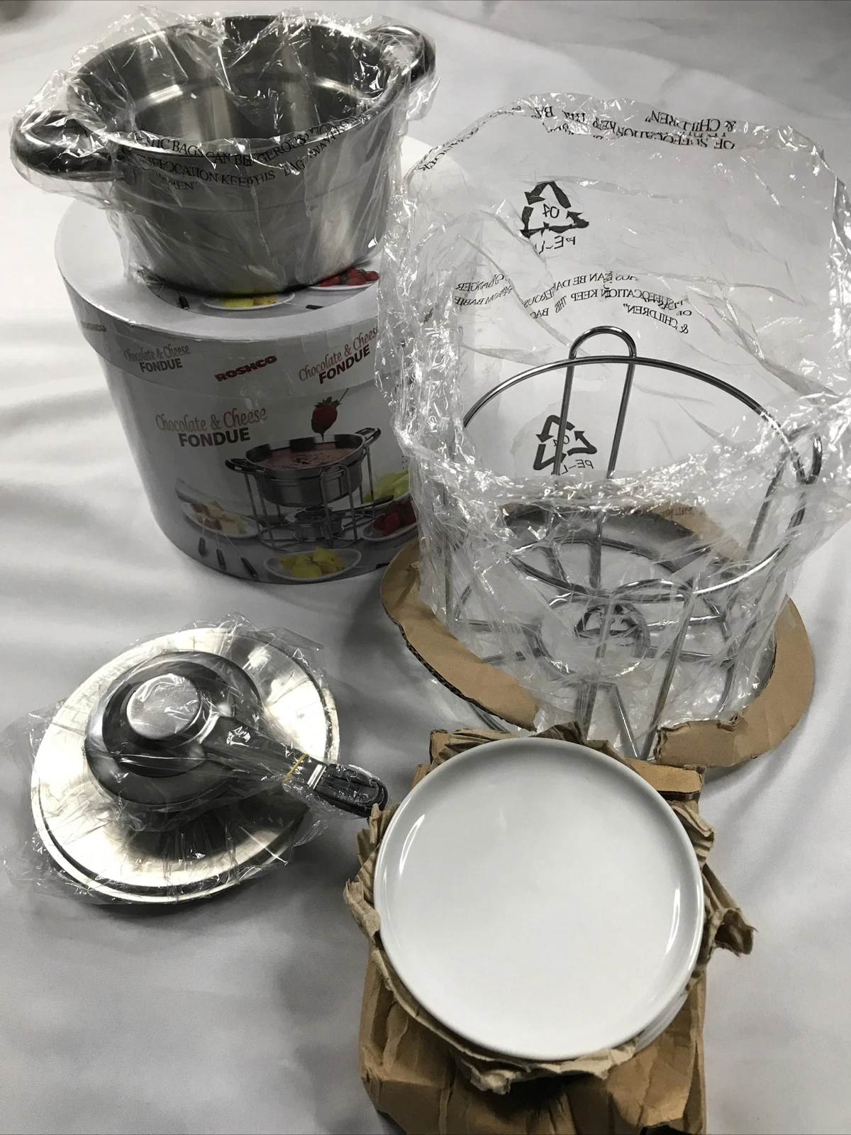 Roscho Brushed Stainless Steel 8 Piece Fondue Set includes plates no forks
