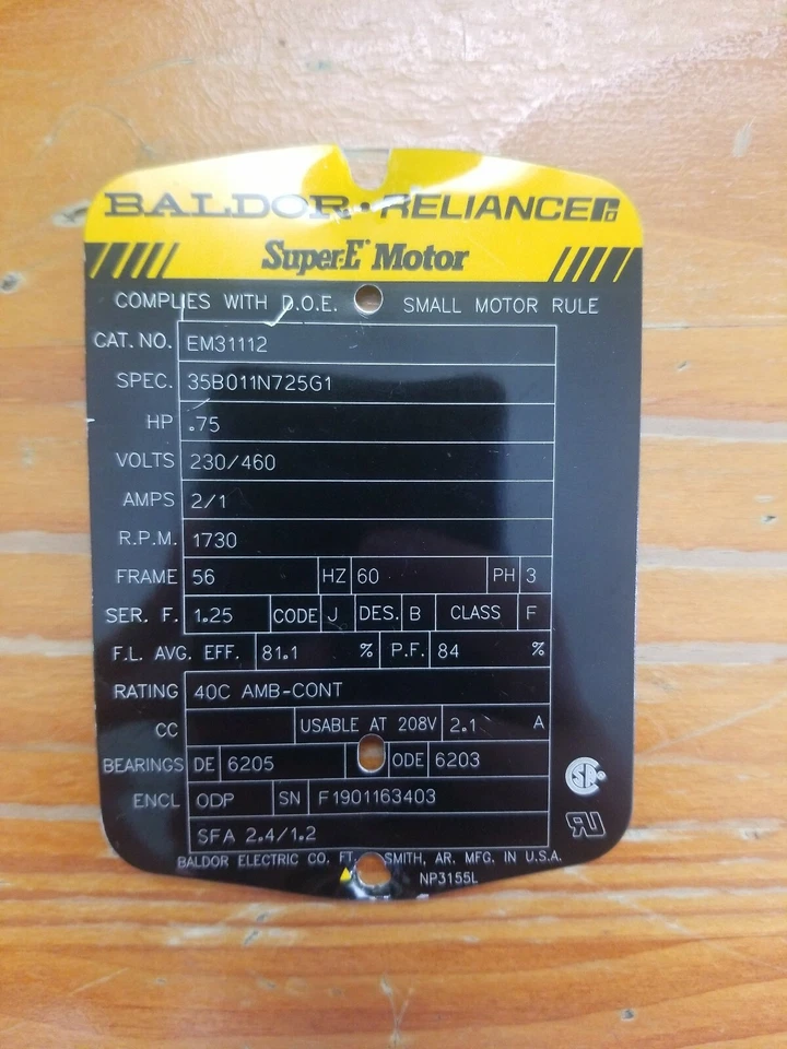 BALDOR EM31112 Small/ General Purpose Motor 3/4 HP 1730 RPM 3 Phase 230/460 - Image 2 of 4