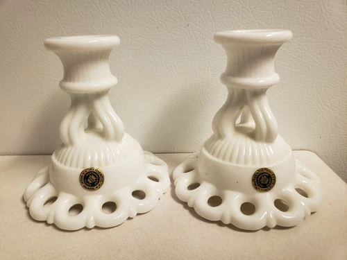 Pair 2 Westmoreland Doric Lace Milk Glass Candleholder Candlestick Vtg Decorativ