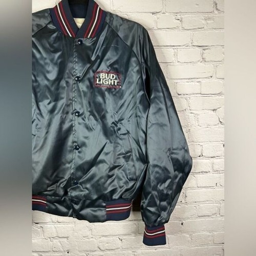 Bomber Bud Light vintage anni 80/90 blu raso nylon giacca varsity taglia media - Foto 3 di 13