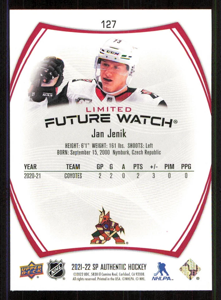 2021-22 SP Authentic Limited Red #127 Jan Jenik FW - Image 2 of 2