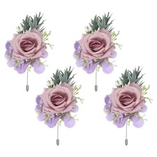 4 Pcs Light Purple Boutonnieres for Men, Artificial Flower Buttonholes Pocket