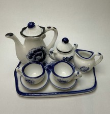 Vintage 10 Piece Miniature Tea Set White With Blue Flowers Hand Painted Doll