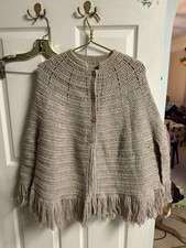 VNT 70s Chunky Knit Hippy Cape Poncho Buttons Tan Beige XL Brown Fringe 2xl OS