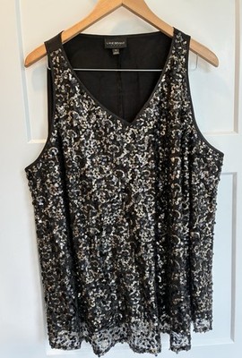 Lane Bryant Poly Satin Black Sequin Top Sleeveless Blouse Women's 18 Plus