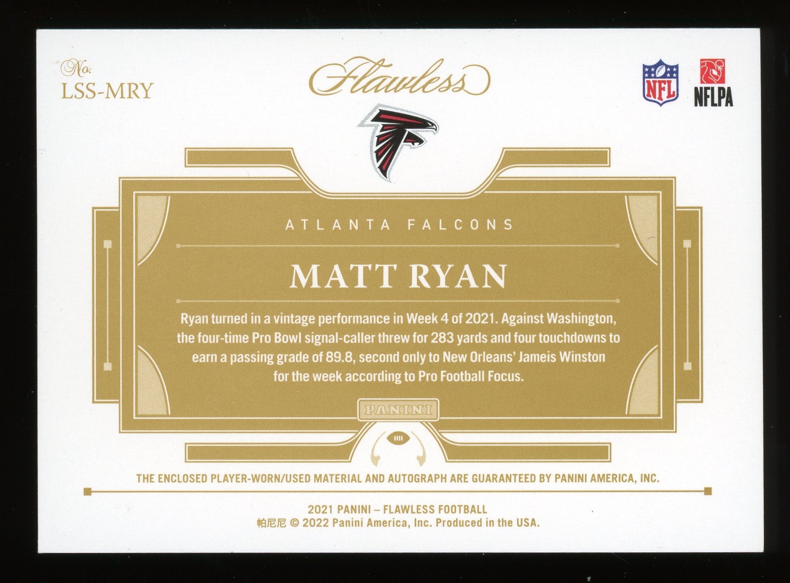 2021 Panini Flawless Matt Ryan Shield Patch Auto LSS-MRY Platinum Autograph 1/1 view 2