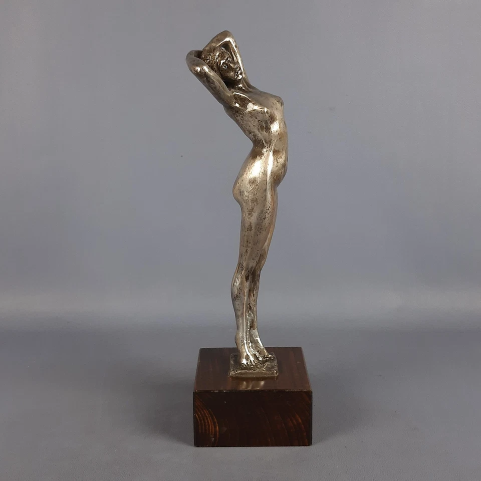 Statua Donna Bronzo Argentato Base Legno Design Classico Italia Vintage Anni ‘60 - Immagine 3 di 4