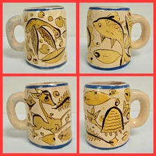 1930s Mexican Tlaquepaque Fantasia Ware ~ Bird, Deer, Fish, Armadillo ~ 4 Mugs