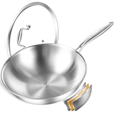 DELARLO Tri Ply Stainless Steel Wok 12.5inch Induction Wok Flat Bottom Wok with