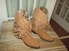 Dingo Western Cowgirl Boots Sz 7 M Tres Fringe Burnished Tan Leather Suede Boho