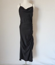 ZARA Basic Black Satin Cowl Neck Party Slip Dress Ruched Spaghetti Strap Sz.S