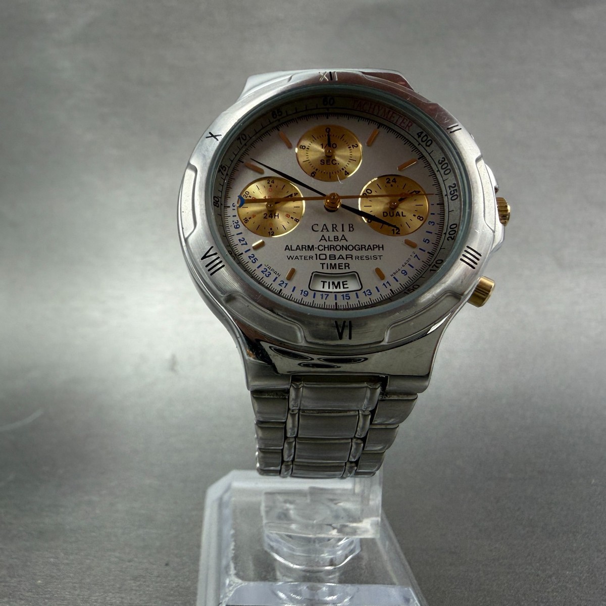 Seiko ALBA Carib Watch Men 36mm Silver Dial Steel Alarm Chrono