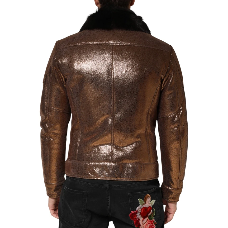 DOLCE & GABBANA Jacket Bronze Leather Fur Full Zip Men Biker IT46/US36/S 2630usd - Image 3 of 4