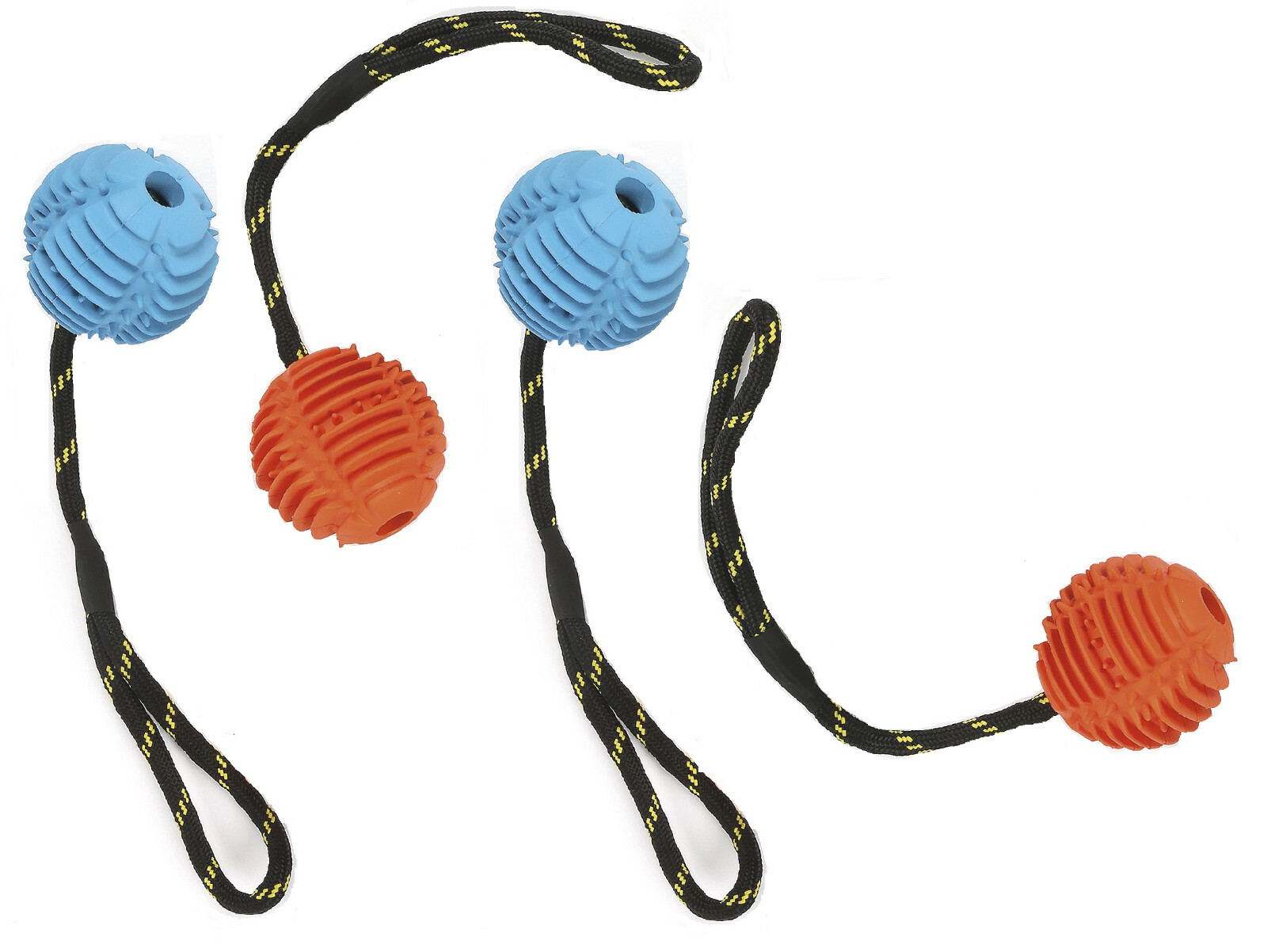 4 PACK TOUGH TOYS ATOMIC DURABLE DOG PUPPY BALL ON ROPE TUG FETCH TOY 2.5""