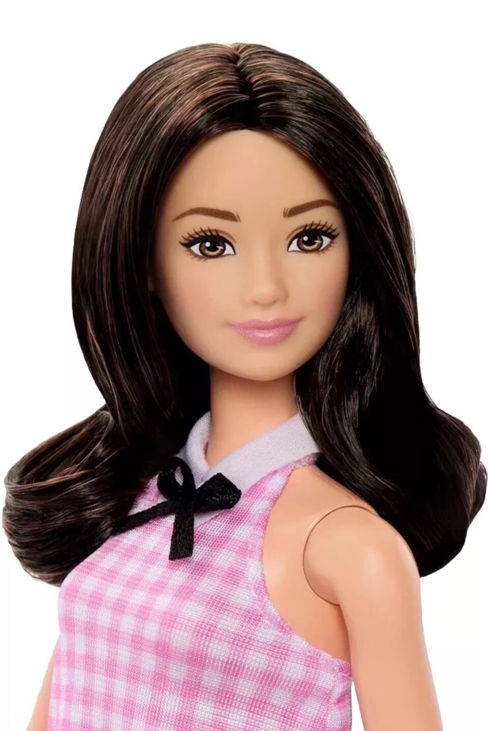 Barbie Fashionistas Doll #224 with Black Wavy Hair Pink Gingham Dress HRH21