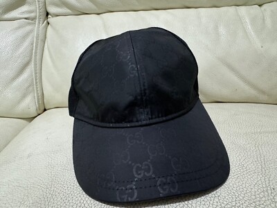 GUCCI DOUBLE G WEB LOGO BLACK NYLON BASEBALL CAP SIZE L & XL NEU