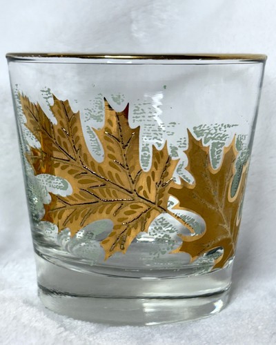 2 Vintage Libbey Golden Oak Leaf Lowball Glass MCM Bar Ware Gilded 24kt - Picture 3 of 8