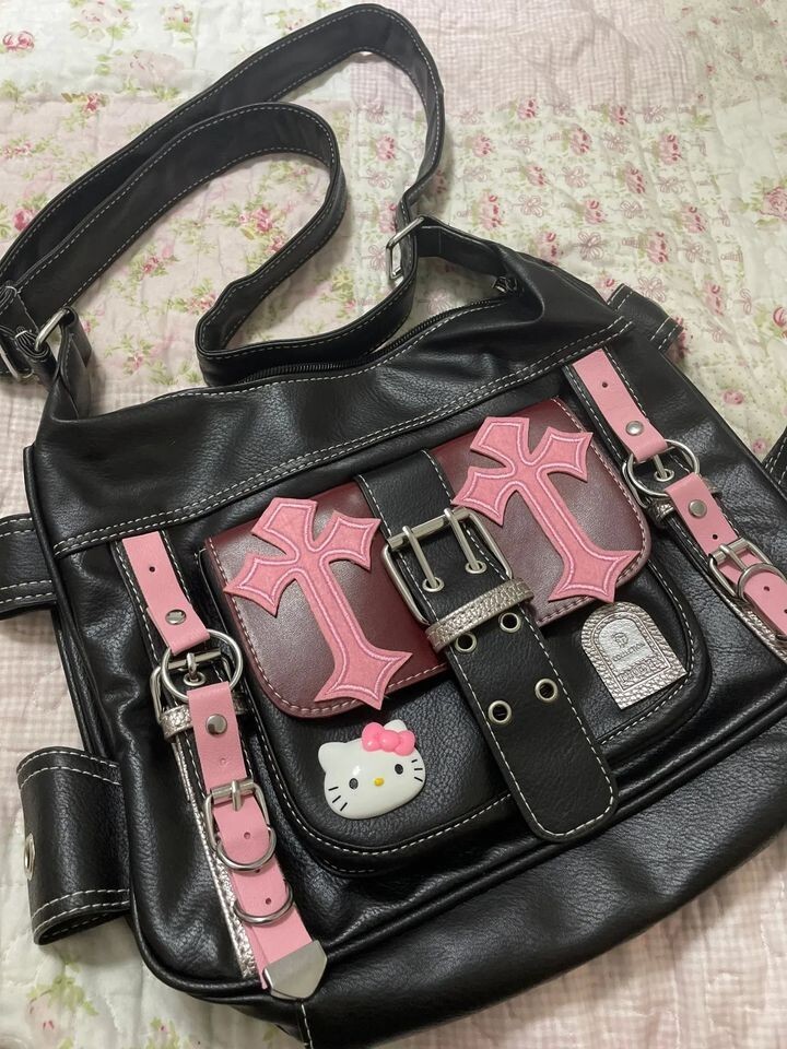 Hello Kitty Gothic Handbag Purse Bag Black Pink Bow Tote