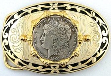 1901 Morgan Silver Dollar Gold Color Oval Western Belt Buckle PBB34