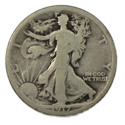1917-D Reverse Denver Walking Liberty Silver Half 50c Good GD G+