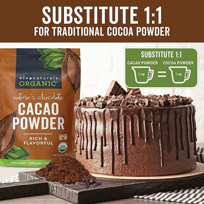 Organic Unsweetened Cacao Powder with Rich Dark Chocolate Flavor NEW