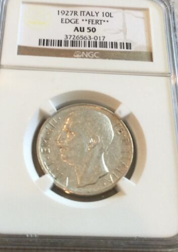 Italy 1927R 10 L NGC AU 50 Edge **Fert** Variety Silver Key Coin! See Pics..