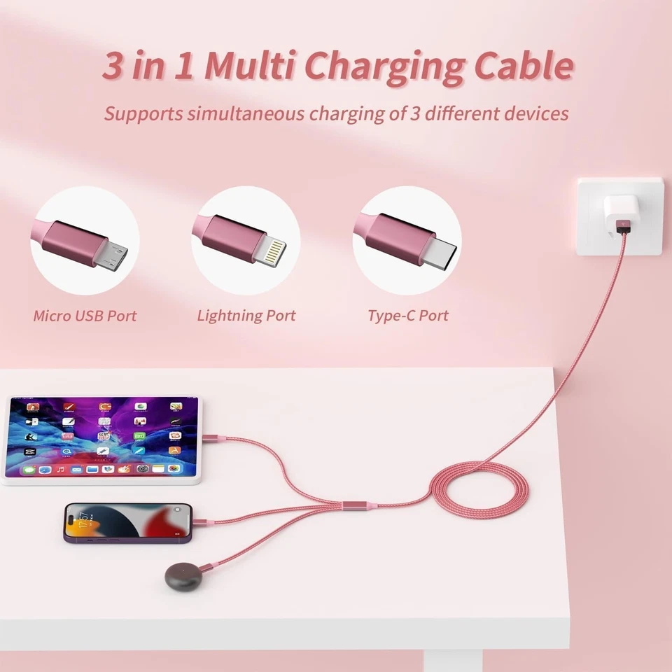 Multi Charging Cable 3-in-1 USB Adapter To Multi-Charging Ports 4FT, Pink- 2 Pk - Image 2 of 4