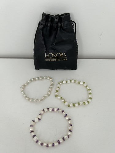 Honora Freshwater Pearl & Gem Stone Chip Bead Stretch Bracelet Lot Of 3