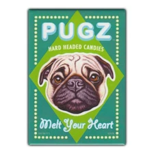 Retro Pets Refrigerator Magnet - Pugz Hard Headed Candies, Pug - Advertising Art