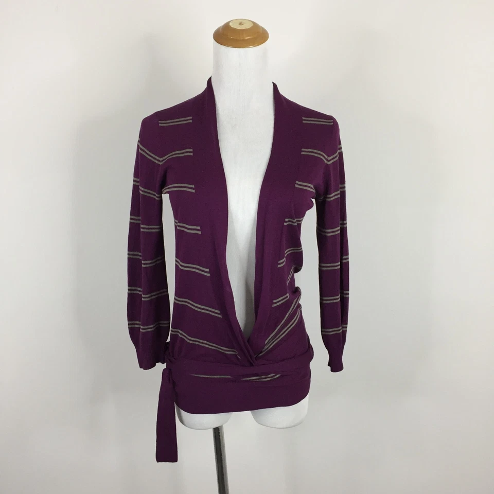 Cárdigan envolvente BCBGMAXAZRIA púrpura verde a rayas seda y lino con cinturón para mujer talla XS Foto 4 de 4