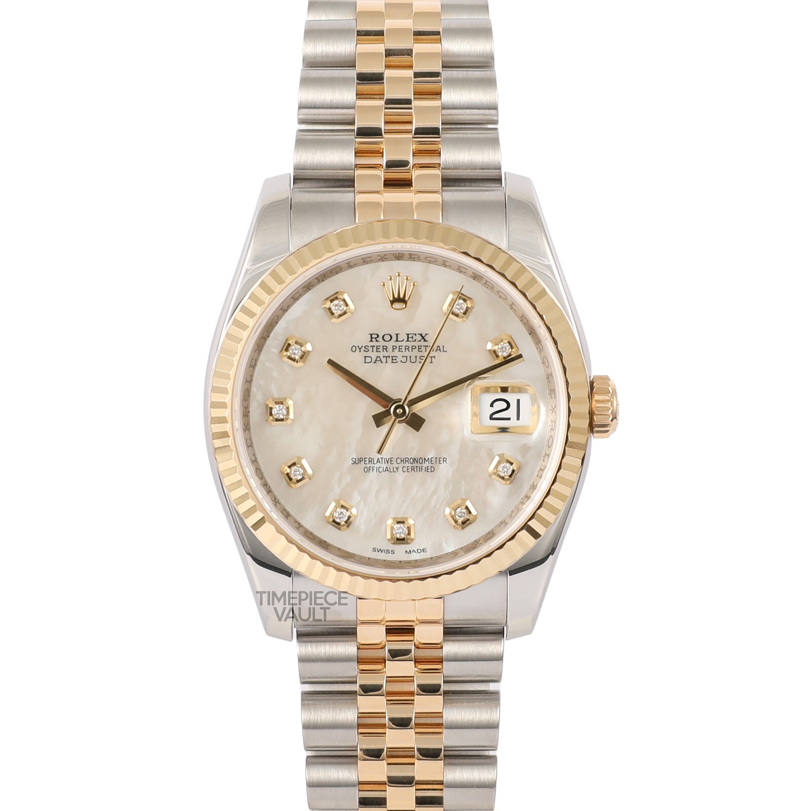 ROLEX DATEJUST 116233 GOLD & STEEL 36MM WHITE MOP DIAMOND DIAL 18K FLUTED BEZEL