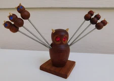 Owl & Babies Teak Wood Cocktail Hor d'oeuvres Fork Set Jeweled Eyes Vintage MCM