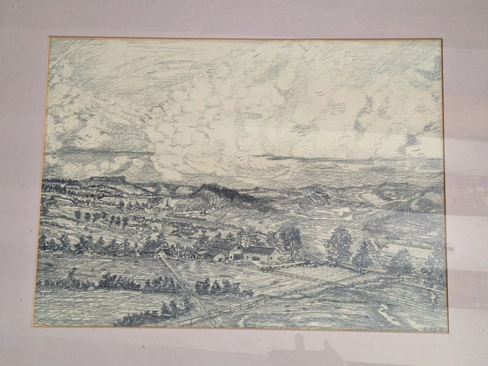 Original gran dibujo al carbón paisaje rural firmado por monograma E.R.A 1981 Foto 3 de 4