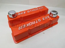 Small Block Chevy Raise Bowtie "383 Stroker logo Orange Valve Cover SBC Aluminum