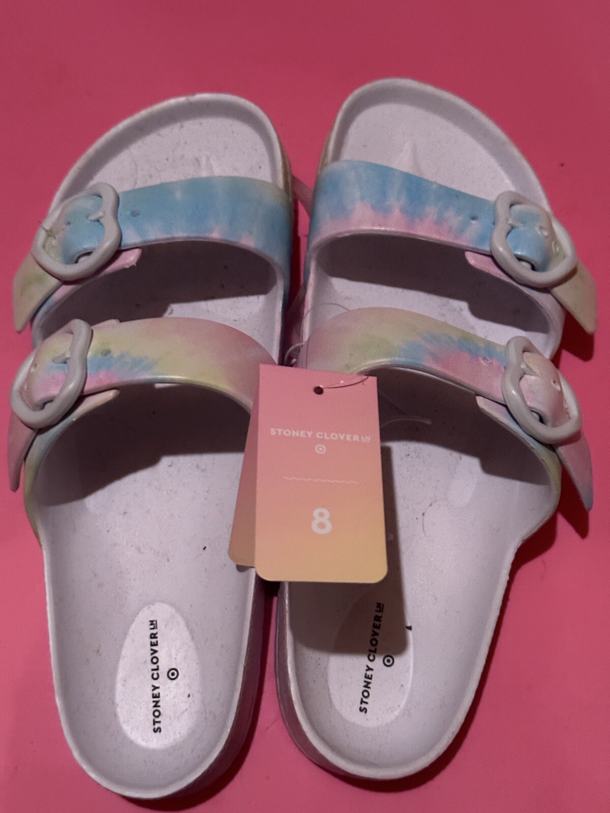 Stoney Clover Lane Target Collab Rainbow Tie Dye Heart Slide Sandals Size 8 NEW