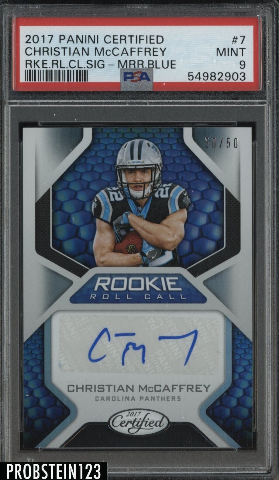 Christian McCaffrey Panini Certified Rookie Roll Call Signatures #7 Mirror Blue