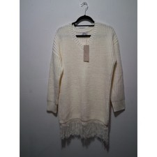ACOA Collection Ivory V-Neck Fringe Hem Ribbed Knit Sweater Dress Medium NWT